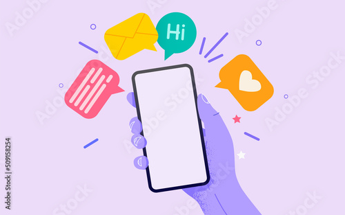 Hand holding phone with messages. Communication and social networking concept.