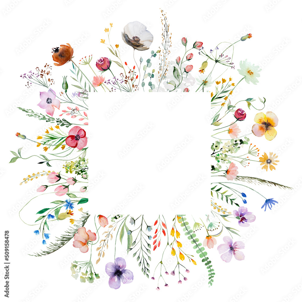 Square frame made of watercolor wildflowers and leaves, wedding and greeting illustration - obrazy, fototapety, plakaty 