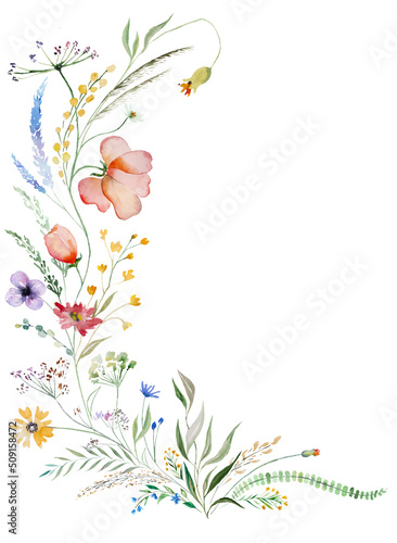 Bouquet made of watercolor wildflowers and leaves, wedding and greeting illustration