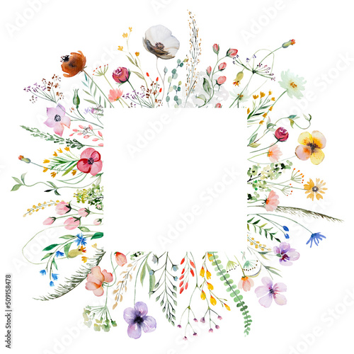 Square frame made of watercolor wildflowers and leaves, wedding and greeting illustration photo
