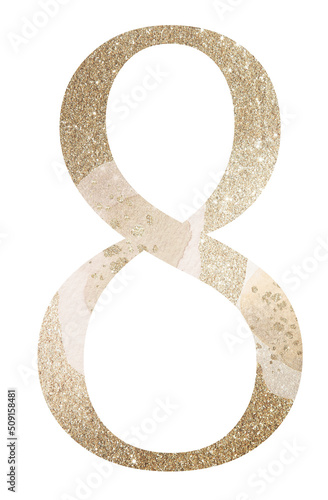 Pastel light Golden number 8 isolated illustration, glitter holiday design element
