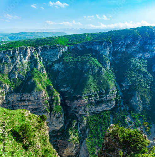 mountain landscape in the Caucasus with rocky cliffs on the slopes of the huge canyon of the Sulak River