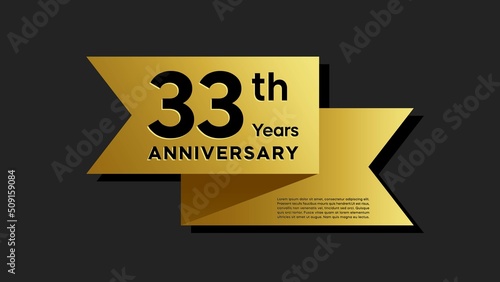 33 years anniversary logo with golden ribbon for booklet, leaflet, magazine, brochure poster, banner, web, invitation or greeting card. Vector illustrations.