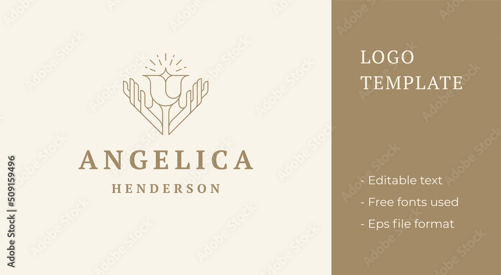 Simple vector illustration of linear emblem template with female hands holding delicate flower line style Simple vector illustration of linear emblem template with female hands holding delicate flower line style