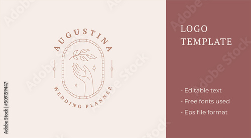 Hand with branch and leaves near logo emblem design template vector illustration in minimal line art style