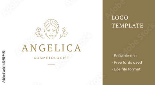 Simple vector illustration of elegant outline logo template with beautiful female head and delicate flowers line style