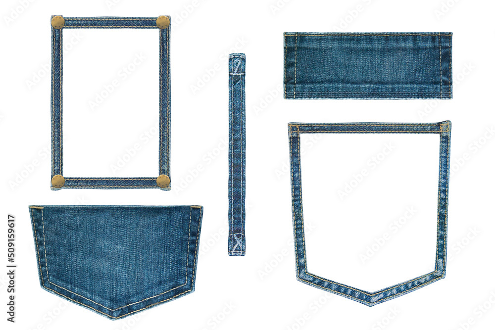 Denim framework and jeans details. Clip art set on white background ...