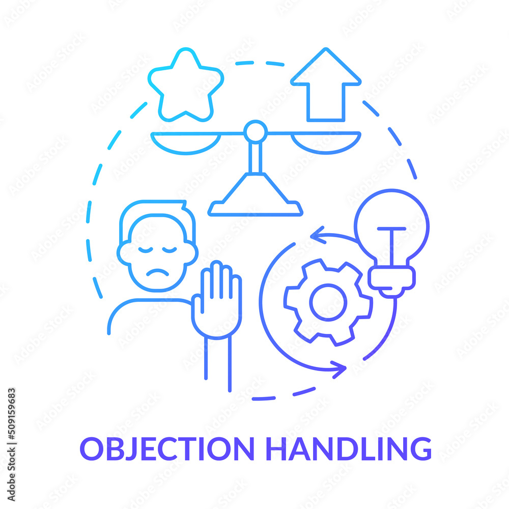 Objection handling blue gradient concept icon. Sales process abstract idea thin line illustration. Customer concerns and satisfaction. Isolated outline drawing. Myriad Pro-Bold font used - obrazy, fototapety, plakaty 