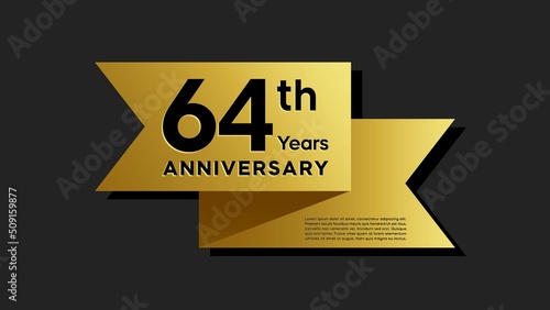 64 years anniversary logo with golden ribbon for booklet, leaflet, magazine, brochure poster, banner, web, invitation or greeting card. Vector illustrations.