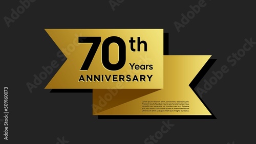 70 years anniversary logo with golden ribbon for booklet, leaflet, magazine, brochure poster, banner, web, invitation or greeting card. Vector illustrations.