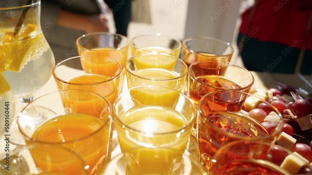 Catering service on banquet table with canape snacks in restaurant or