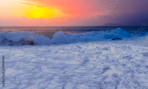 Famous amazing sunset and white sea foam on a Mediterranean dusk - Alanya  Antalya