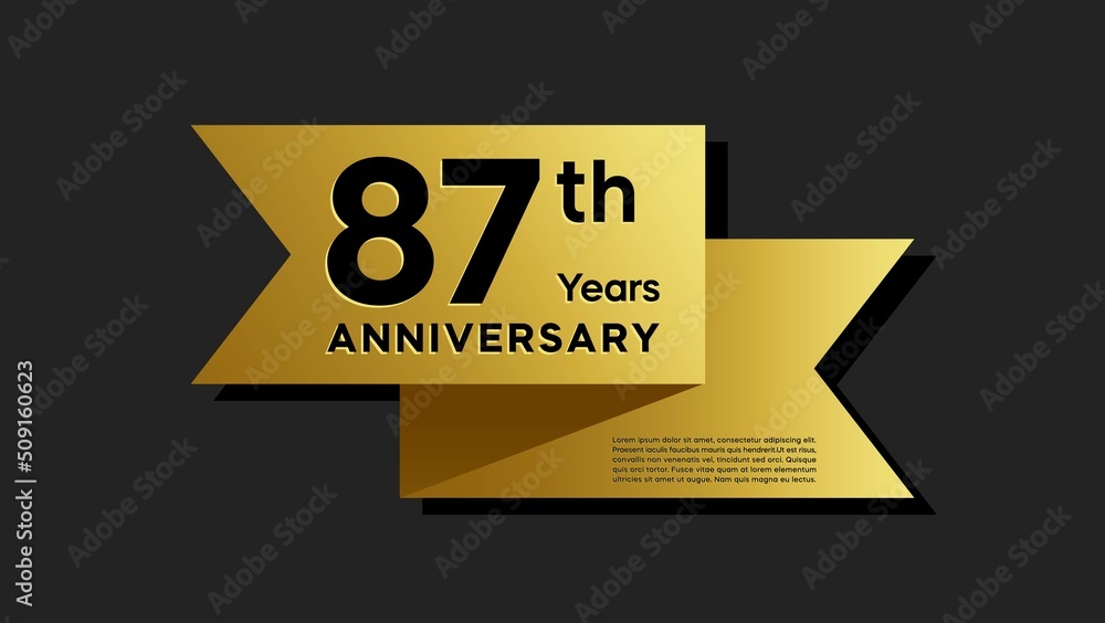 87 years anniversary logo with golden ribbon for booklet, leaflet, magazine, brochure poster, banner, web, invitation or greeting card. Vector illustrations. 87 years anniversary logo with golden ribbon for booklet, leaflet, magazine, brochure poster, banner, web, invitation or greeting card. Vector illustrations.