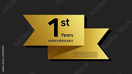 1 year anniversary logo with golden ribbon for booklet  leaflet  magazine  brochure poster  banner  web  invitation or greeting card. Vector illustrations.