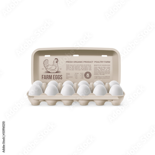 Fresh Organic Chicken Eggs in Open Carton Pack, or Egg Container Isolated on White Background. Twelve White Large Eggs from Farm in Brand Pack