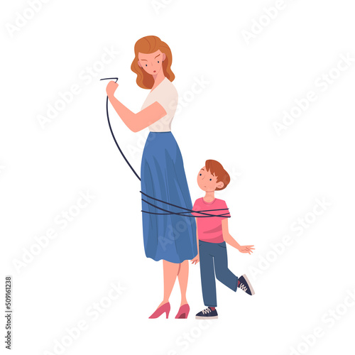 Woman Mother Tied with Rope Her Little Son as Problematic Communication and Misunderstanding Between Parent and Child Vector Illustration