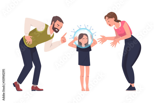 Mother and Father Shouting and Giving Lecture to Their Daughter Wearing Glass Bulb on Head Not Hearing Them as Problematic Communication and Misunderstanding Between Parent and Child Vector