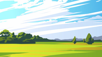 Canvas schilderij Wit Countryside landscape with trees in the distance and cloudy sky. Vector illustration  © Voidentir