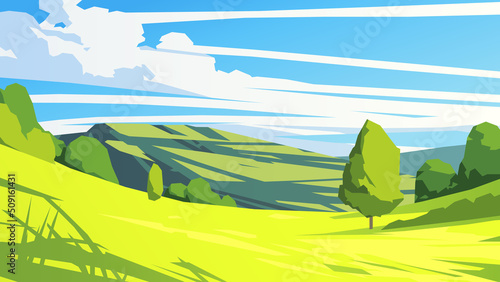 Rolling hills landscape with trees and cloudy sky. Vector illustration
