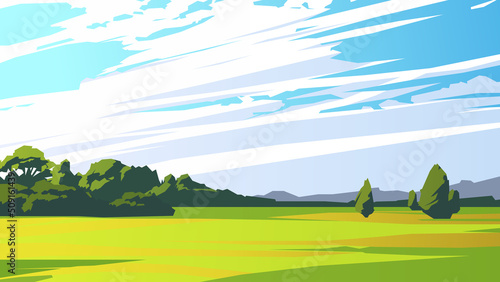 Countryside landscape with trees in the distance and cloudy sky. Vector illustration