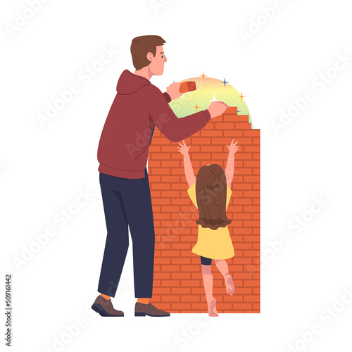Man Father Laying Bricks Building Wall Protecting Daughter from External World as Problematic Communication and Misunderstanding Between Parent and Child Vector Illustration