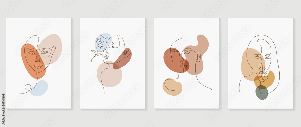 Set of abstract woman wall art template. Female faces, organic shapes, earth tone colors in line art style. Line wall decoration collection design for interior, poster, cover, banner, home decor.