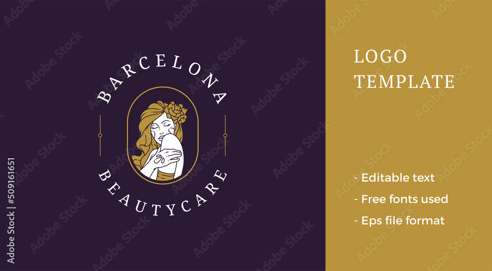 Young blonde woman rose in long hair stroking soft skin care wellness luxury beauty logo vector Young blonde woman rose in long hair stroking soft skin care wellness luxury beauty logo vector
