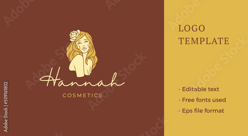 Gorgeous blonde woman with bloom rose on head naked body elegant chic golden logo vector