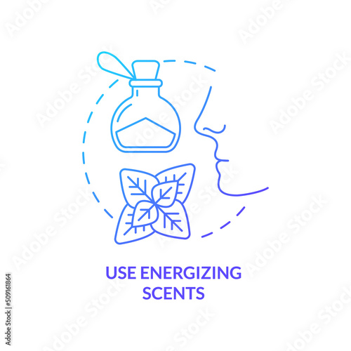 Use energizing scents blue gradient concept icon. Peppermint aromatic stimulant. Road trip tip abstract idea thin line illustration. Isolated outline drawing. Myriad Pro-Bold font used