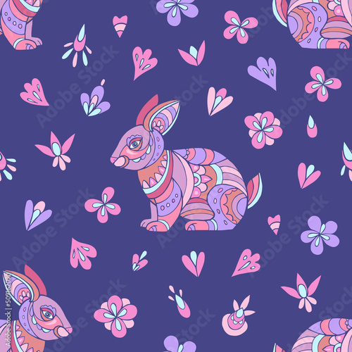 Seamless vector pattern of rabbits and flowers. Suitable for packaging, fabrics, wallpapers and simple colorings. Easter background. © Anna Sobol