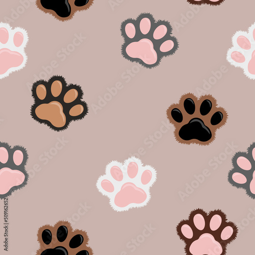 Cat paws pattern for textile fabrics. Seamless pattern vector illustration. Childish cute background, paw texture. Furry kitten paws set. Furry paw pet animal, Kitten cartoon flat icon doodle style. 