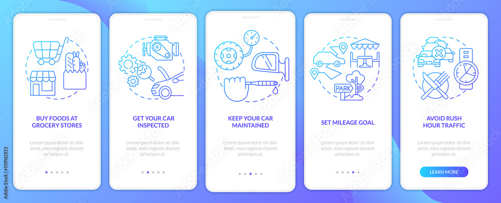Road trip tips blue gradient onboarding mobile app screen. Car travel ...