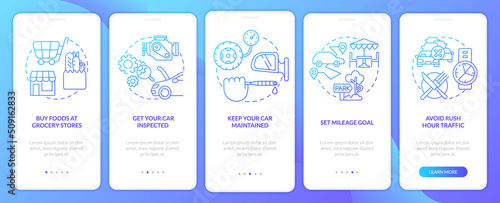 Road trip tips blue gradient onboarding mobile app screen. Car travel walkthrough 5 steps graphic instructions with linear concepts. UI, UX, GUI template. Myriad Pro-Bold, Regular fonts used