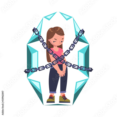 Little Girl in Crystal with Chains Having Problematic Communication with Parent Vector Illustration