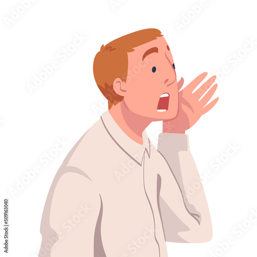 Man Character with Wide Open Mouth Shouting or Screaming Loud Holding Hand Near Mouth Vector Illustration