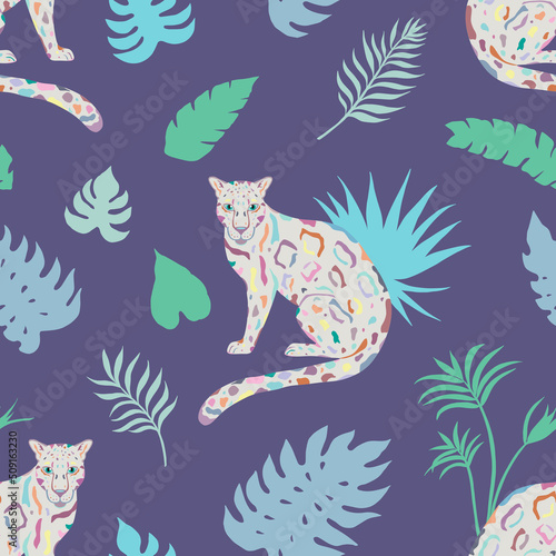 Tropic summer vector seamless pattern with leopard and tropical plants. Tropical botanical motives. Vector illustration. Summer decoration print for wrapping  wallpaper  fabric.