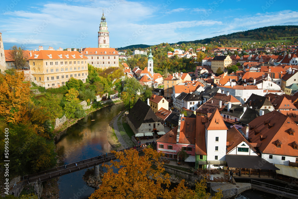 Cesky Krumlov - oldtown city and river in Autumn, Czech Republic
