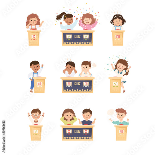 Kids Playing Quiz Game or Mind Sport Standing at Press Button Answering Question Vector Set