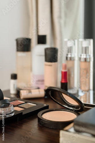 Set of decorative natural cosmetics for professional makeup, closeup photo