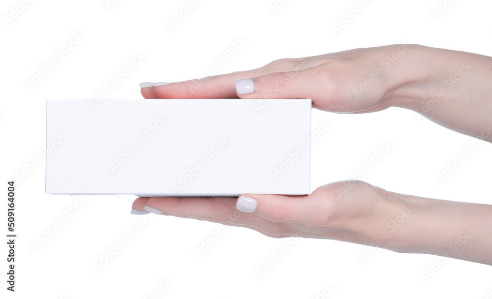 Obraz premium White box of mobile phone in hand on white background isolation