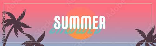 Summer banner. Sunset beach landscape. Beach and palm tree background