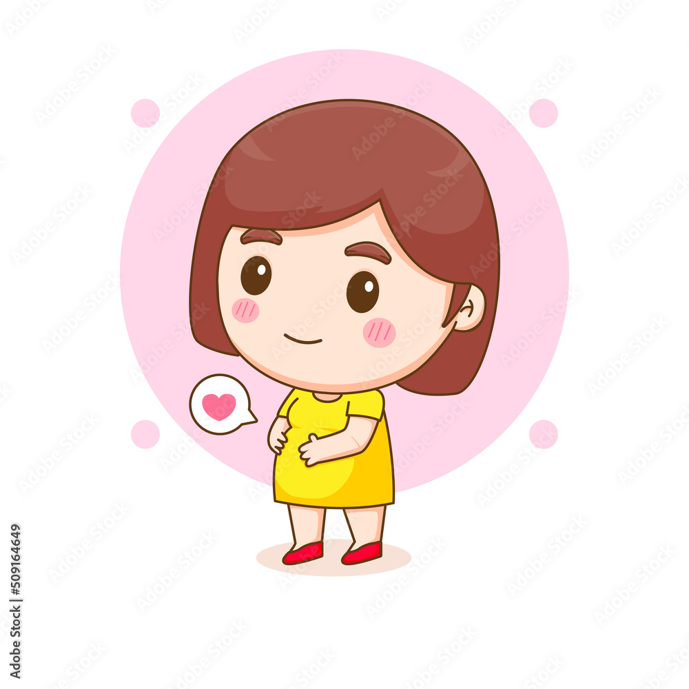 Happy young pregnant woman. Chibi cartoon character Happy young pregnant woman. Chibi cartoon character