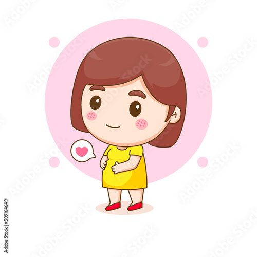 Happy young pregnant woman. Chibi cartoon character