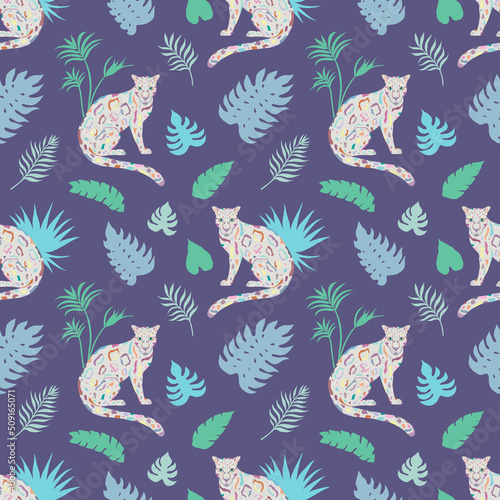 Tropic summer vector seamless pattern with leopard and tropical plants. Tropical botanical motives. Vector illustration. Summer decoration print for wrapping  wallpaper  fabric.