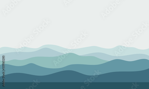 Mountain landscape graphic picture. Realistic view hills and sky. Background with space for text. Vector illustration