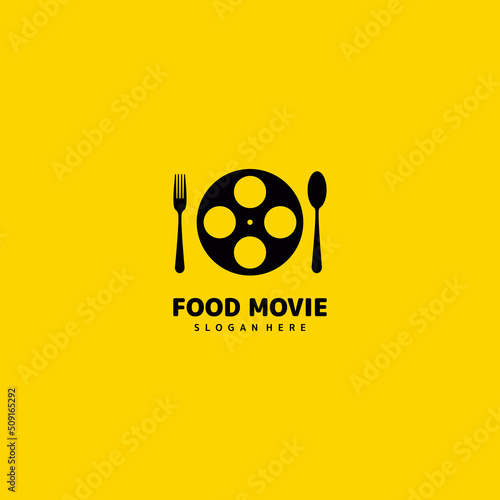 movie food logo design, film roll with spoon and fork logo icon template