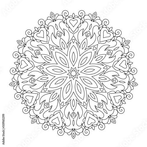 Zentangle inspired mandala zen doodle illustration with tribal boho chic ornaments. Oriental ornamental background.