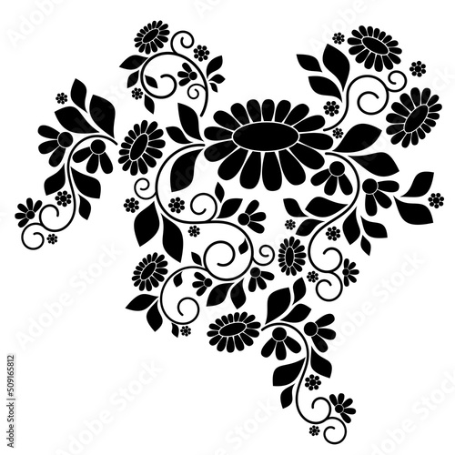 Fototapeta Naklejka Na Ścianę i Meble -  Decorative composition of flowers, leaves, swirls of black color on a white isolated background. Black floral pattern for design.
