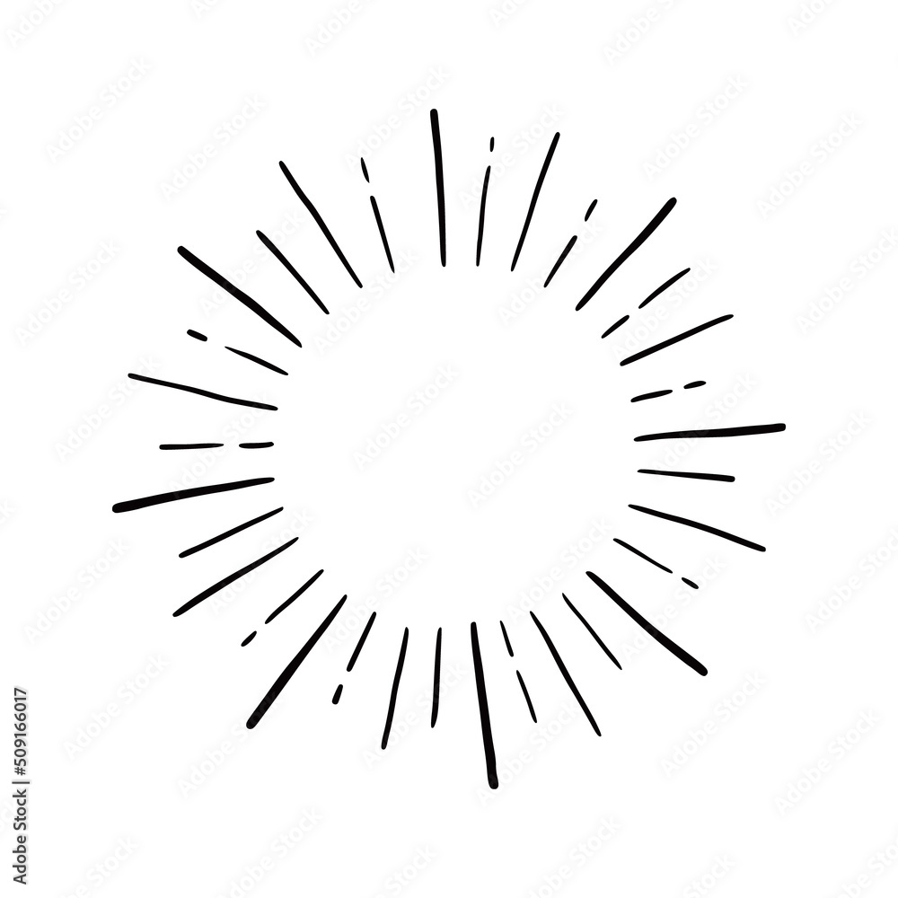 Line doodle ray, sparkle, sunburst. Hand drawn sketch style sunshine, starburst. Vector illustration.