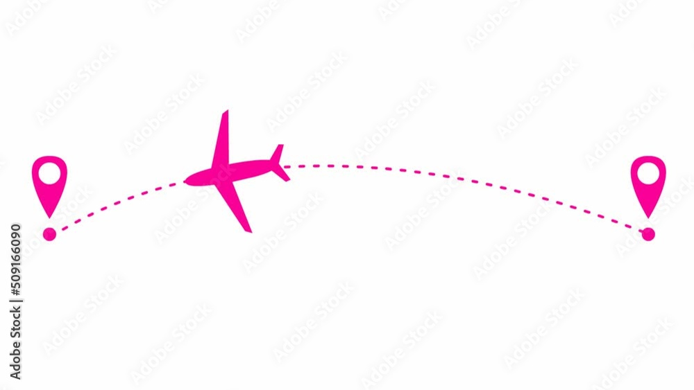 Animated pink the plane flies along a trajectory. Concept of airplane travel. Airplane flies from one place to another. Looped video. Vector illustration isolated on a white background. Animated pink the plane flies along a trajectory. Concept of airplane travel. Airplane flies from one place to another. Looped video. Vector illustration isolated on a white background.